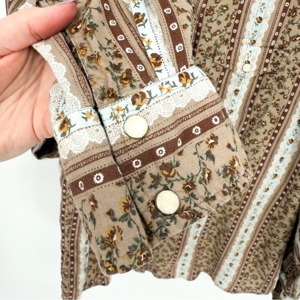 Vintage VIEW Cottagecore Floral Grannycore Snap Button Down Top Brown XL - Picture 6 of 10